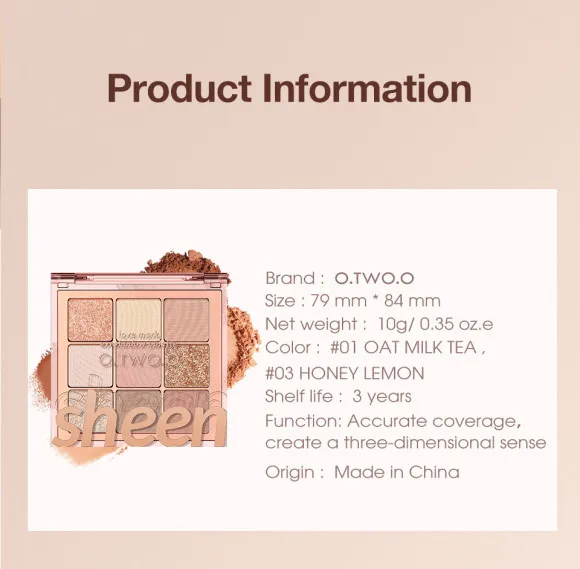 O.TWO.O Палитра теней для век 9 цветов арт. SC042 Oatmeal milk tea #01 10 g.